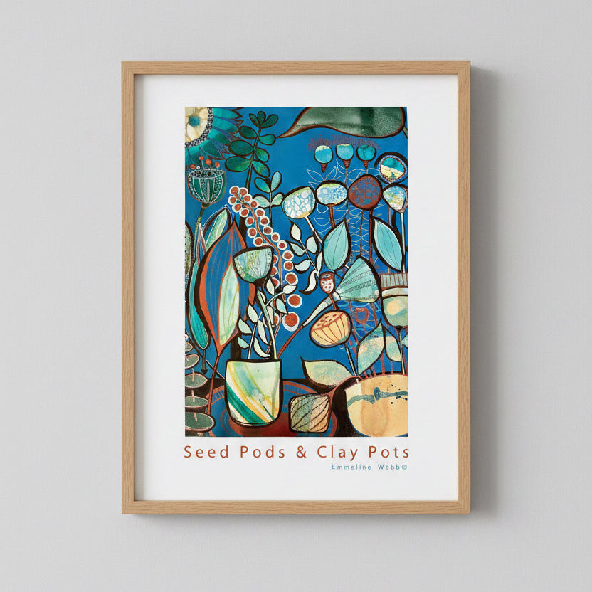 An artist poster titled 'Seed Pods & Clay Pots' by Emmeline Webb, featuring an intricate botanical illustration with seed pods and leafy stems in a blue background.