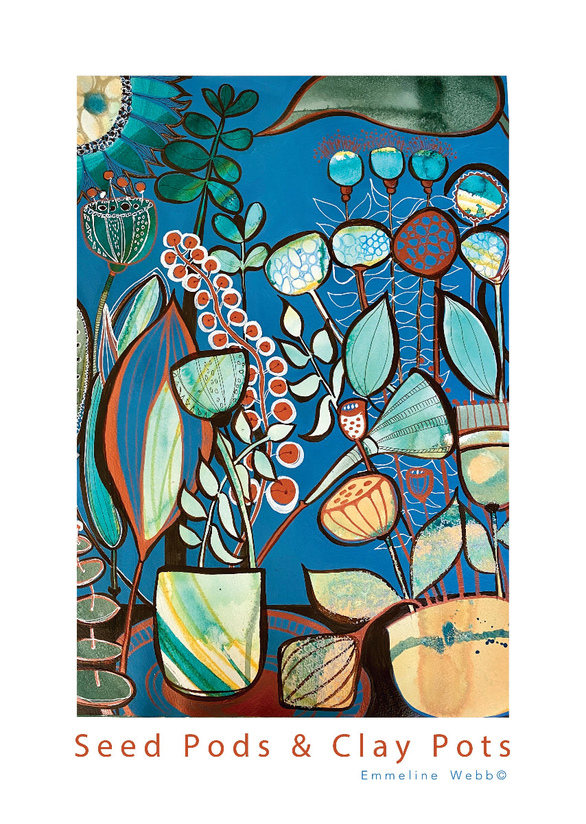 An artist print 'Seed Pods & Clay Pots' by Emmeline Webb, featuring an intricate botanical illustration with seed pods and leafy stems in a blue background.