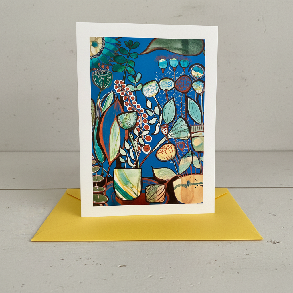A vertical art print or greeting card with a white border stands upright on a yellow envelope against a light gray wall and surface. The artwork features an abstract botanical composition with blue, green, beige, orange, and red elements.