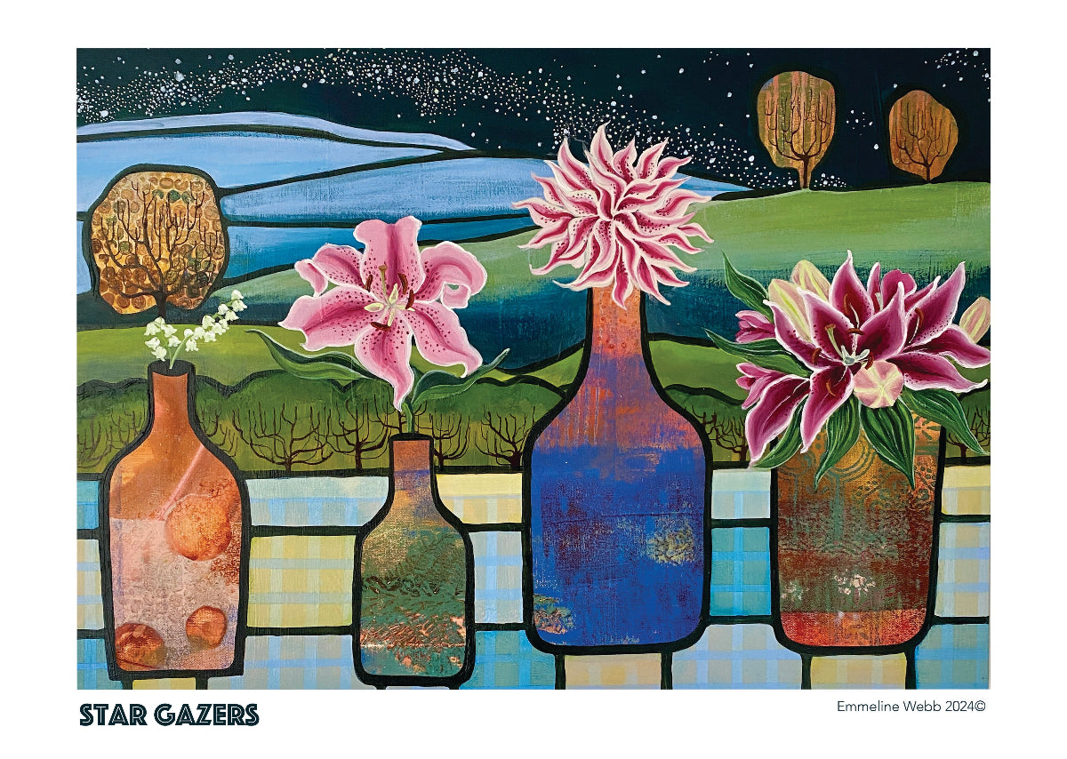 A colorful art print titled 'STAR GAZERS' by Emmeline Webb, depicting stylised flowers in blue and orange textural bottles against a night sky with stars and distant trees.