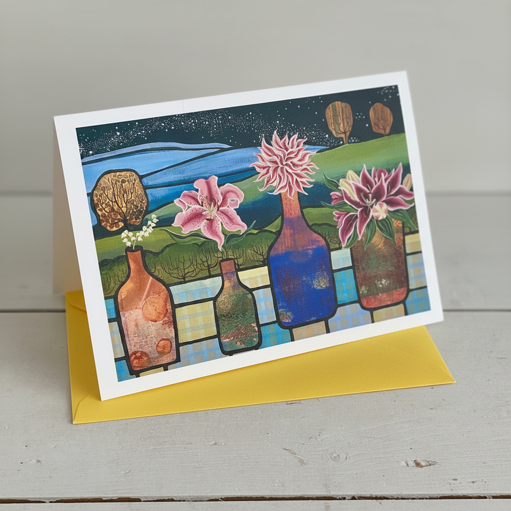A square art print or card with a white border stands propped on a yellow envelope against a light gray wall and white wood surface. The artwork shows colorful illustrated bottles with flowers and a landscape scene under a starry sky.