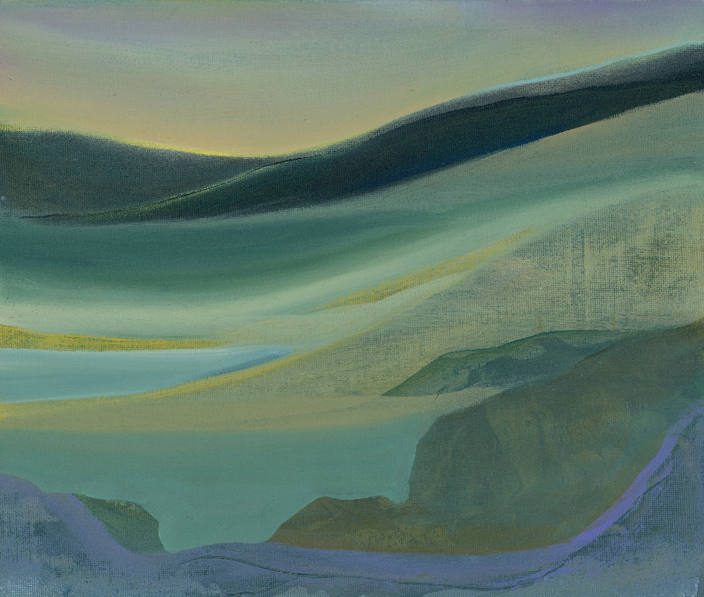 Abstract landscape painting with wavy patterns in green, yellow, and purple.