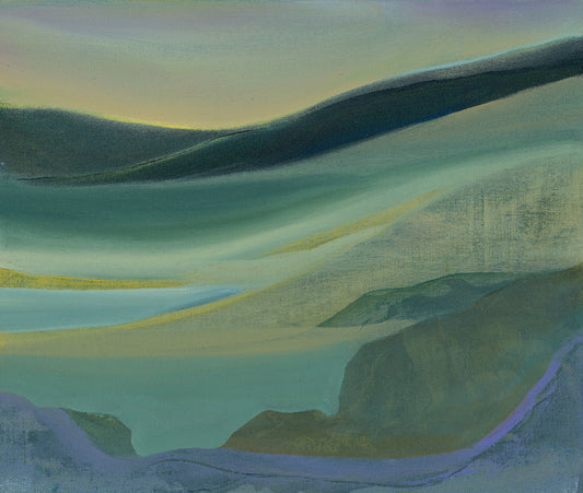 Abstract landscape painting with wavy patterns in green, yellow, and purple.