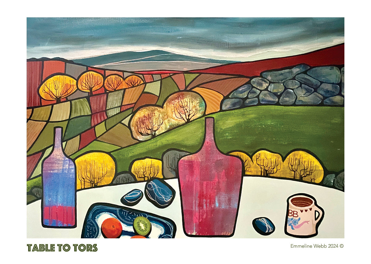A colorful landscape art print titled 'Table to Tors' by Emmeline Webb, featuring a stylized still life of bottles, fruit, and stones in the foreground against a patchwork field background.
