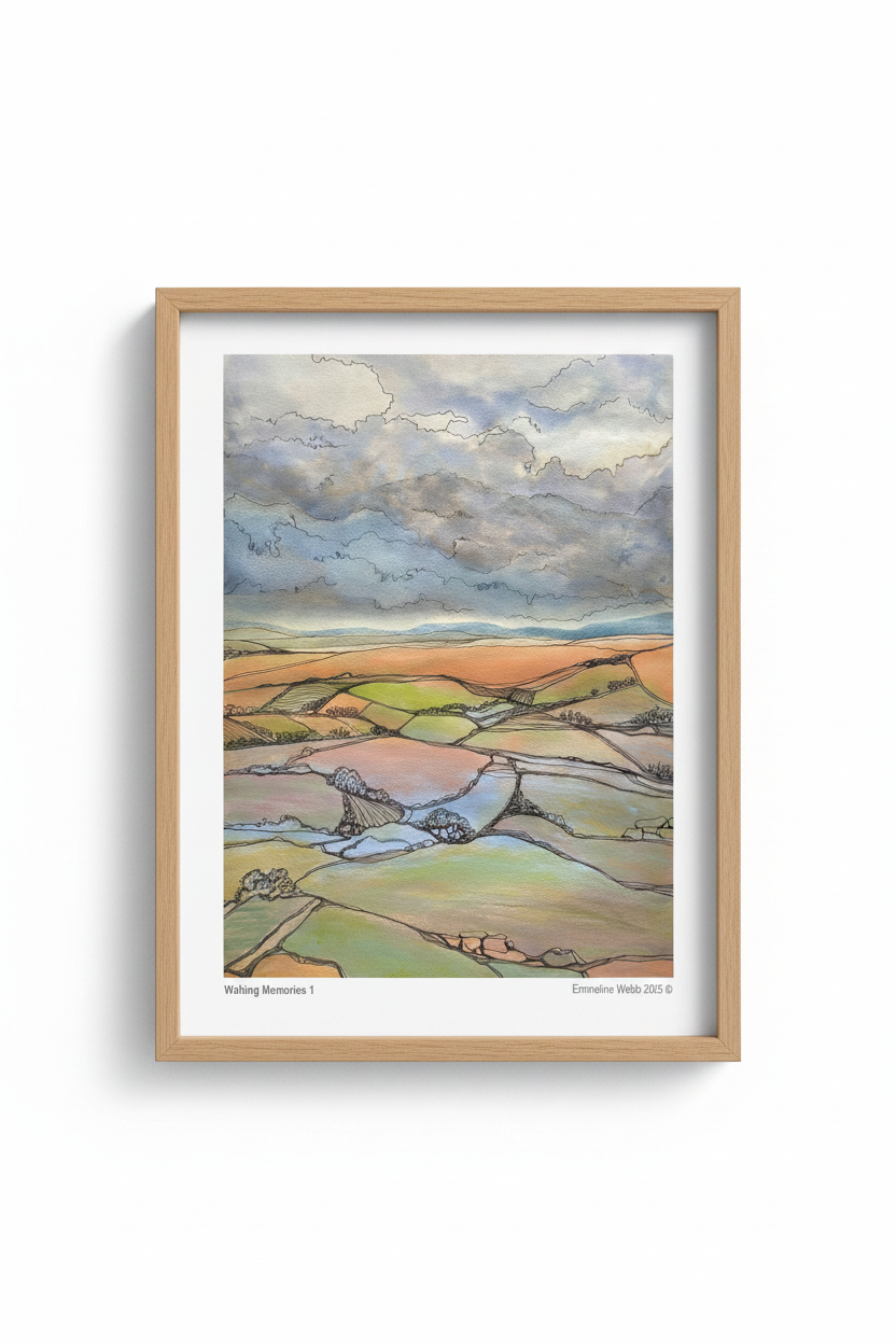 A landscape art print titled 'Walking Memories 1' by Emmeline Webb, featuring a watercolor and ink illustration of a rural valley with patchwork fields, a winding river, and a dramatic cloudy sky.