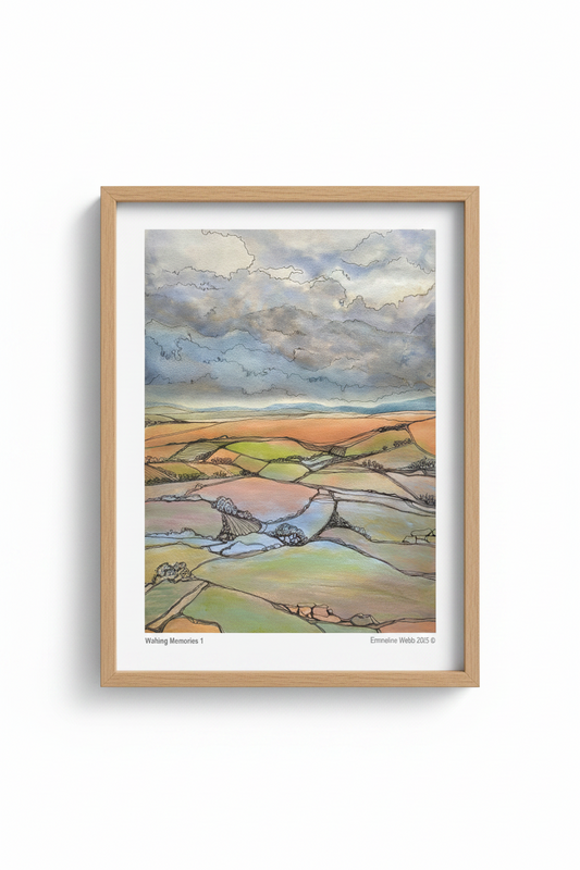 A landscape art print titled 'Walking Memories 1' by Emmeline Webb, featuring a watercolor and ink illustration of a rural valley with patchwork fields, a winding river, and a dramatic cloudy sky.