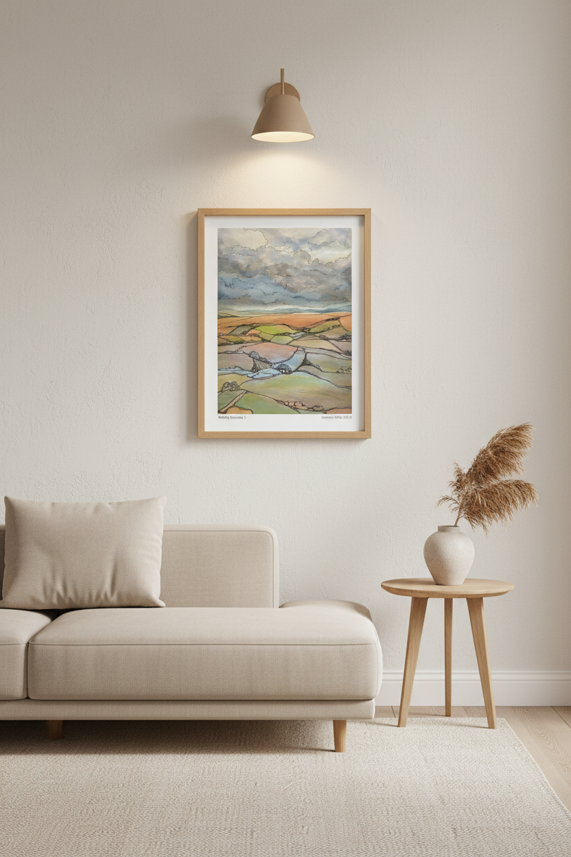 A framed landscape art print hangs on a light beige wall above a cream-colored sofa in a modern living room setting. The painting depicts rolling green and yellow fields under a cloudy sky.