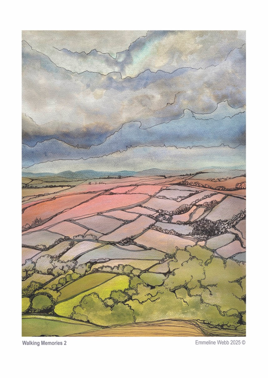 A watercolor landscape art print titled 'Walking Memories 2' by Emmeline Webb, depicting a patchwork of green and pink fields under a dramatic cloudy sky, presented on a white background with artist text at the bottom.