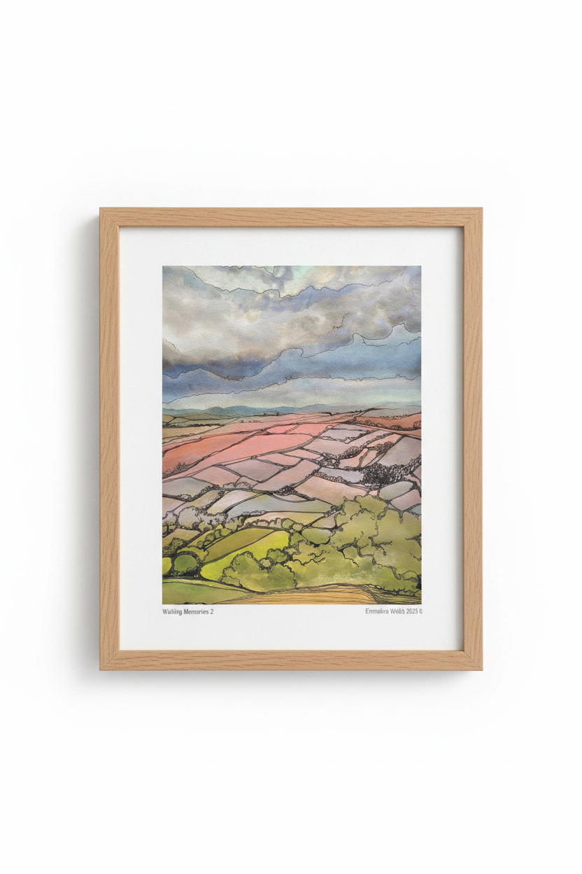 A framed watercolor landscape print featuring pink and green fields under a cloudy blue sky, presented in a light natural wood frame with a white mat against a white background.