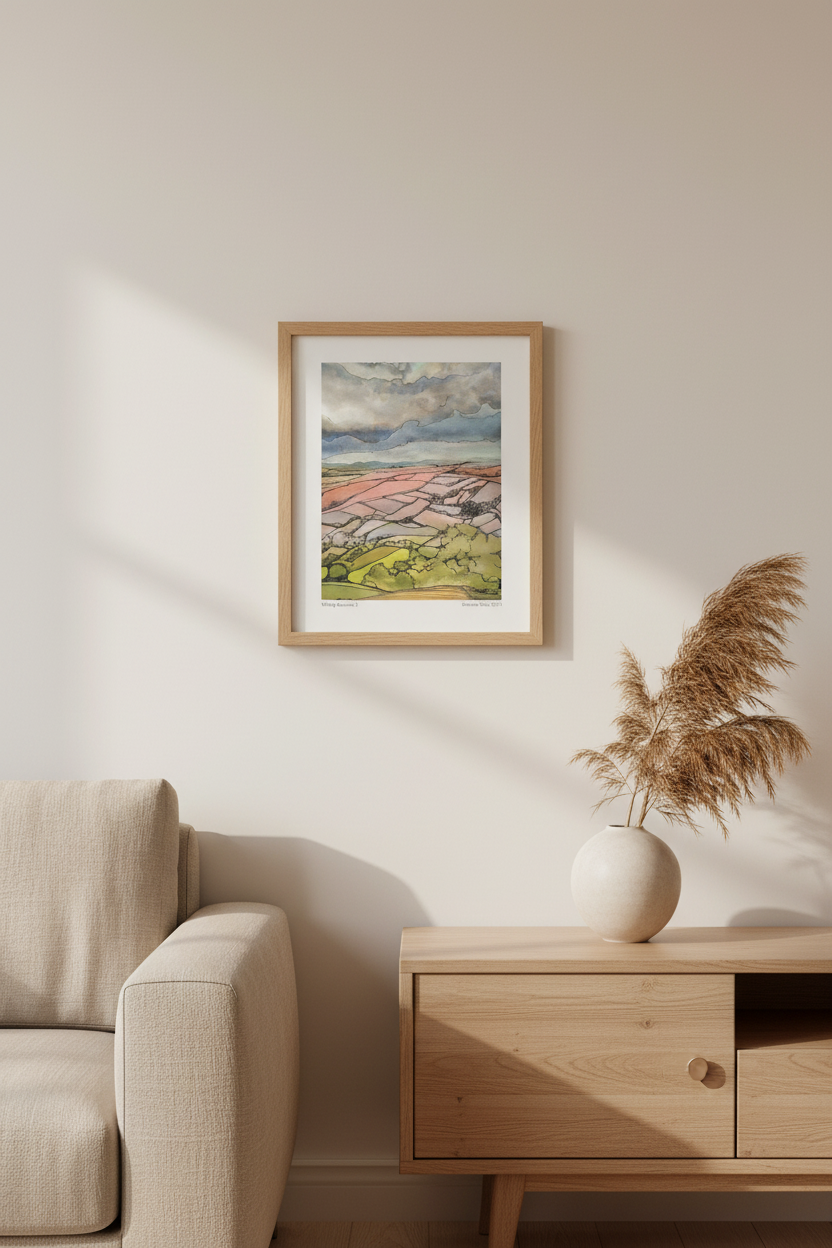 A framed landscape art print hangs on a warm beige wall above a light wood side table with a white vase of pampas grass, next to a beige armchair.