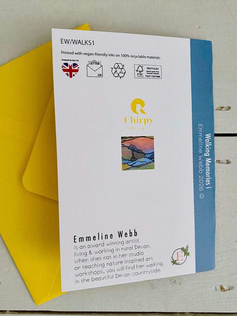 A printed art print or booklet cover titled 'Walking Memories' by Emmeline Webb, shown resting on a yellow envelope over a light wood surface. The cover is mostly white with a blue vertical band on the right, black text, a small landscape illustration, and the Chirpy Press logo.