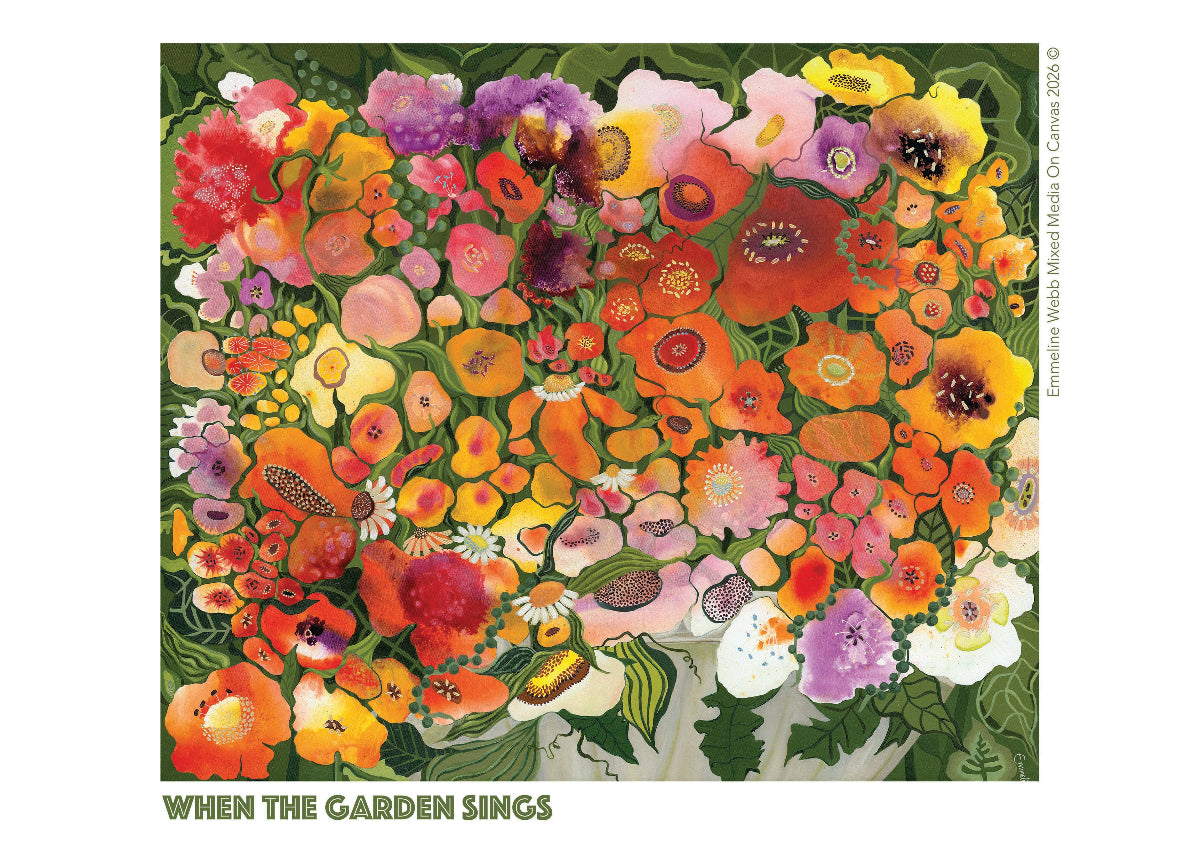 A colorful floral art print titled 'When the Garden Sings' featuring a dense arrangement of illustrated flowers in orange, red, yellow, pink, purple, and white on a dark green background, with the title text below.