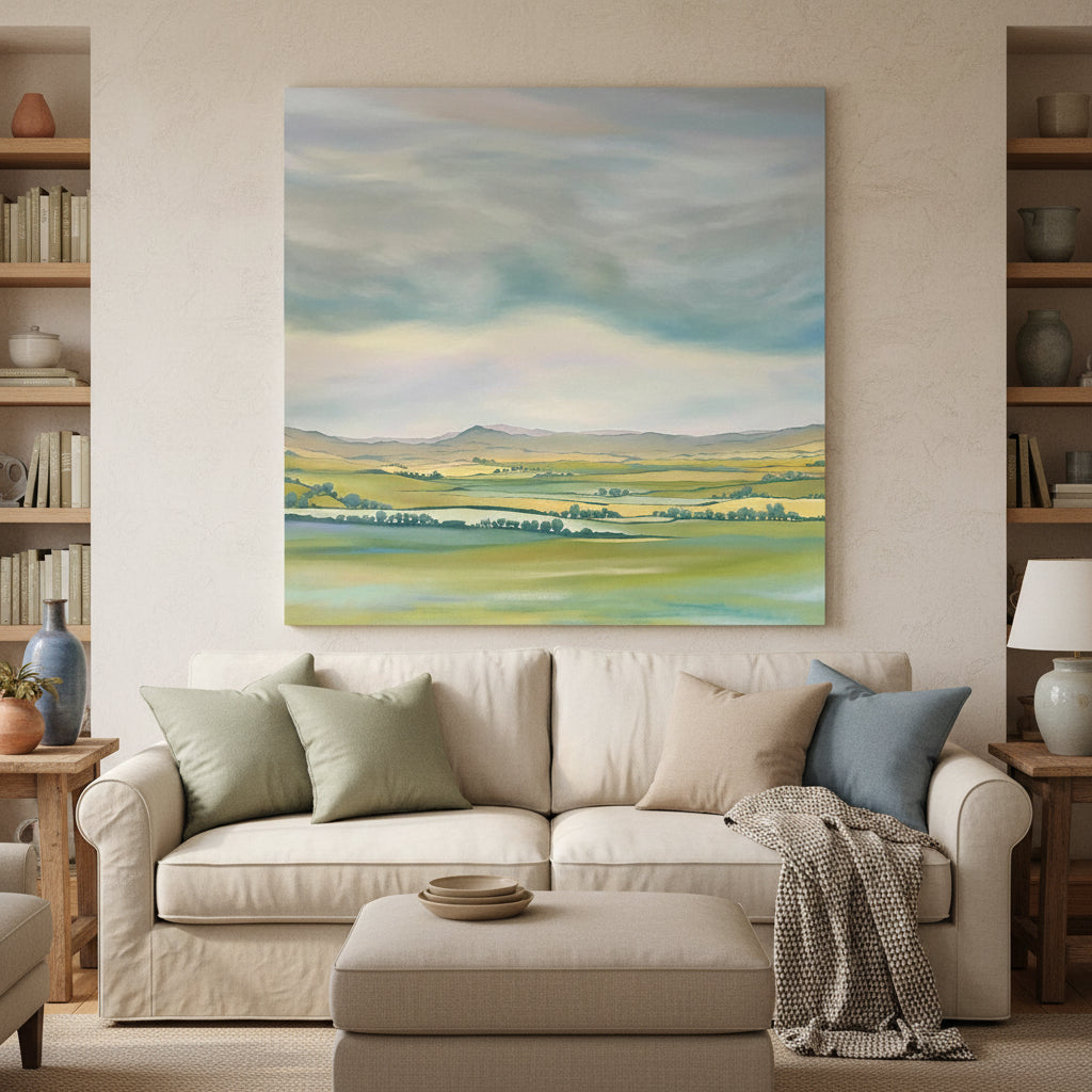 Painting of a landscape with rolling hills and a rainbow in the sky.