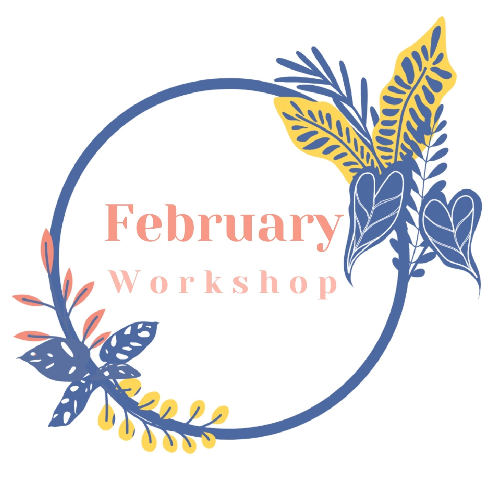 Floral logo design with 'February Workshop' text on a white background