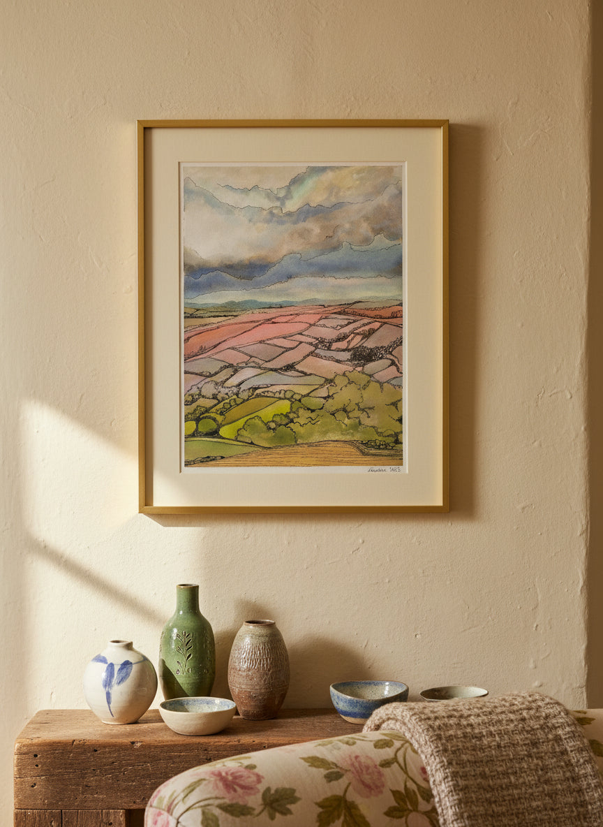 Artistic depiction of a landscape with patchwork fields and a cloudy sky.